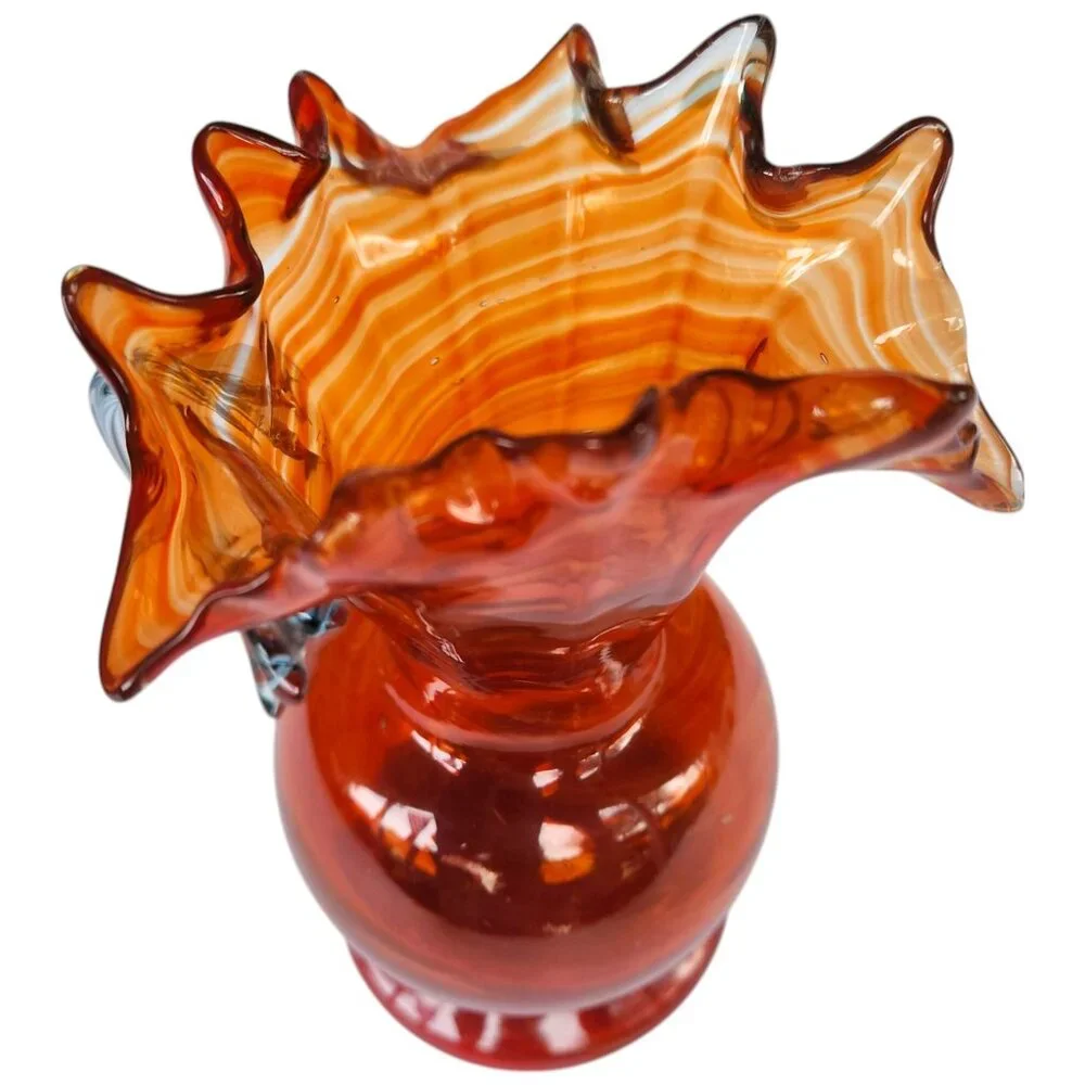Vintage Fenton Orange Swirl Ruffled Fluted Pitcher Vase 7” x 3” Blue Tint Handle